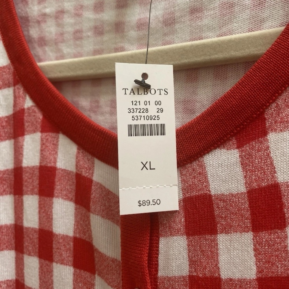 Talbots Red White Gingham Cardigan SweaterSize XL 3/4 Sleeve Cottagecore NWT - Picture 6 of 8